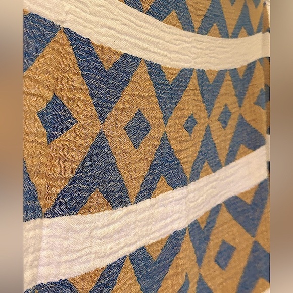 Quilted Boho Tablecloth Loom Weave Organic Cotton Blue Gold Cream Tablescape - Picture 6 of 10